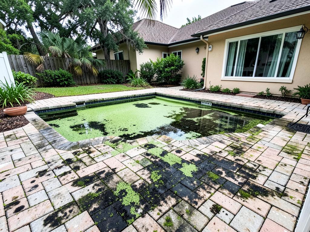 Paver pool deck before pressure cleaning
