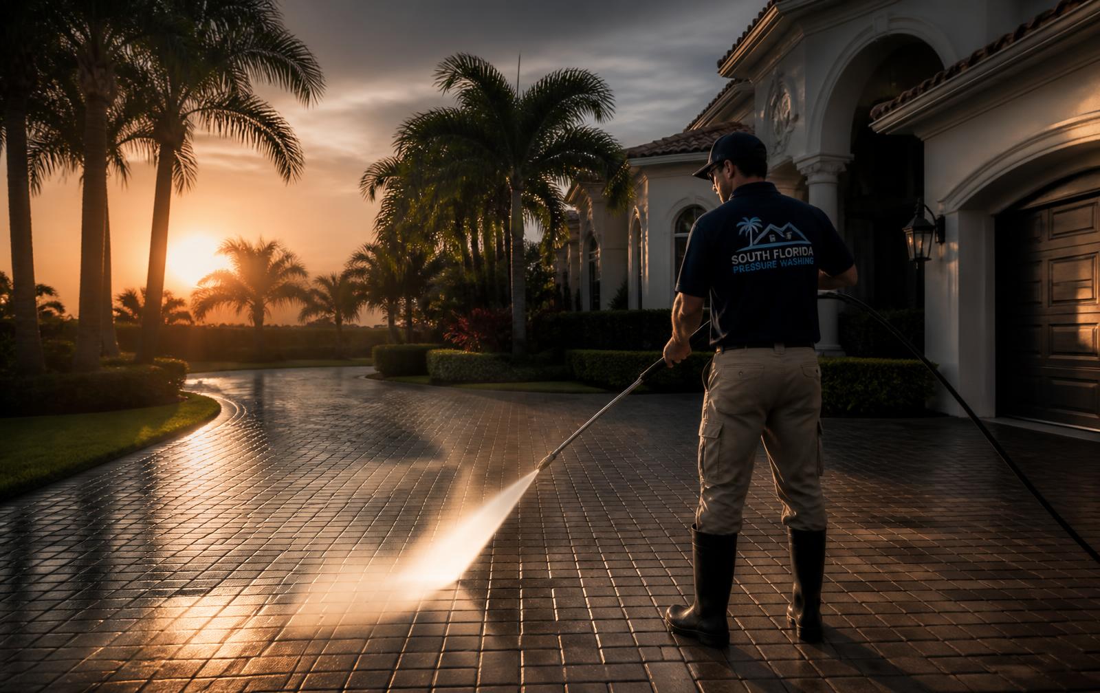 Pressure washing a paver driveway at a South Florida home